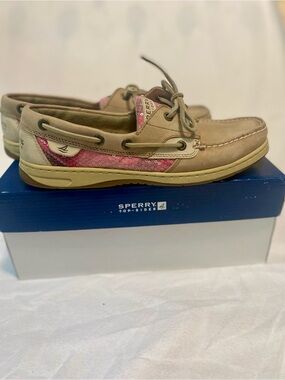 Sperry Bluefish Linen Rose Plaid Sequin Tan & Pink Leather Sequin Boat Shoes 9